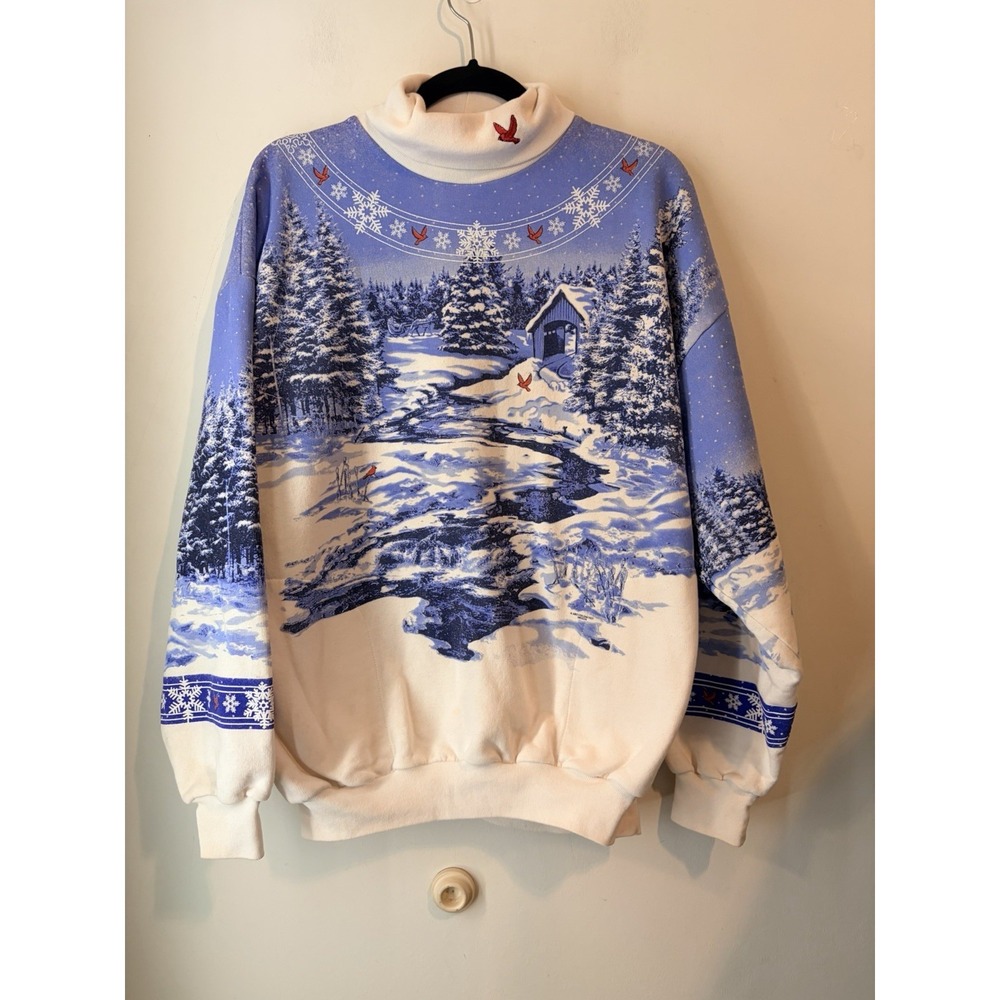 Vntg Art Unlimited Winter Scene Sweatshirt Womens XL Turtleneck Cardinal Cottage